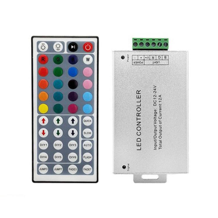 LED strip light controller with green terminal block and printed connection label
