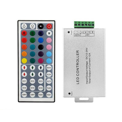 LED strip light controller with green terminal block and printed connection label