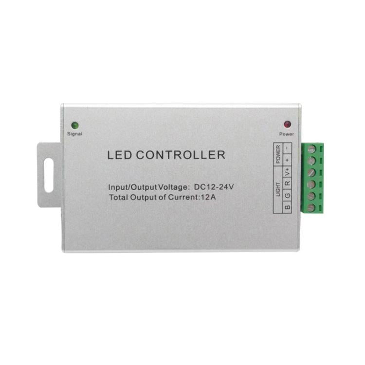 LED controller box with input/output specs and screw terminals, gray metal housing