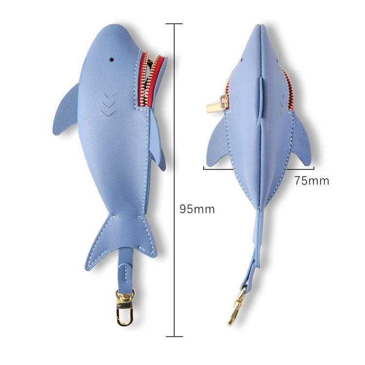 Light blue shark-shaped key cover, side view with red zipper and key clip