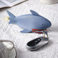 Light blue shark key cover with red zipper, gold clip, and car key fob