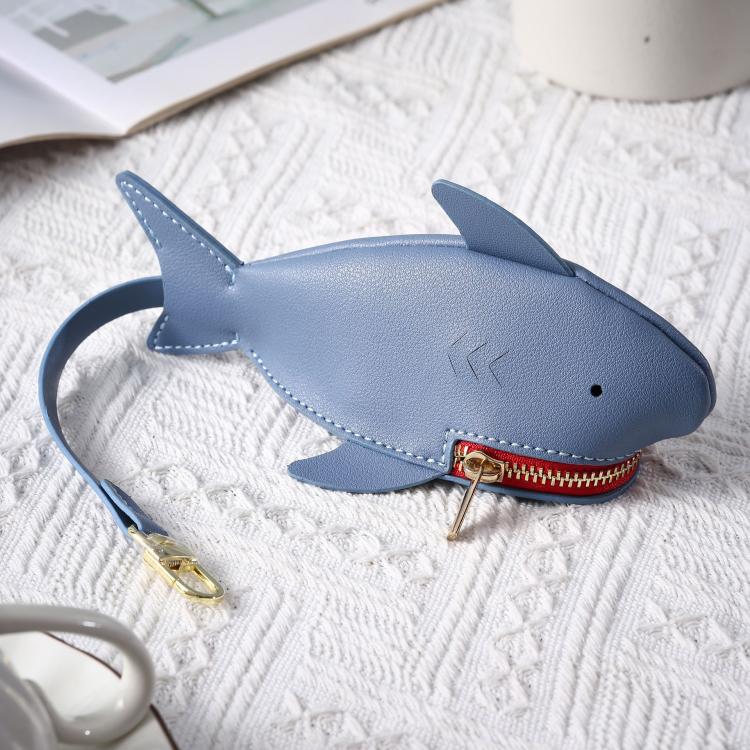 Light blue shark key cover with red zipper, gold ring, and key strap loop