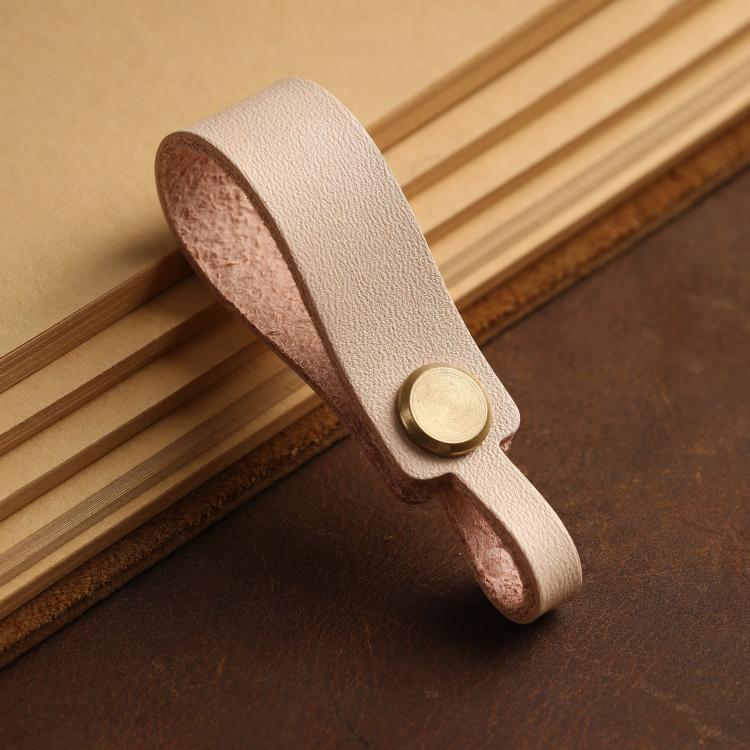 Light tan leather lanyard keychain with round brass snap and finger-loop end.