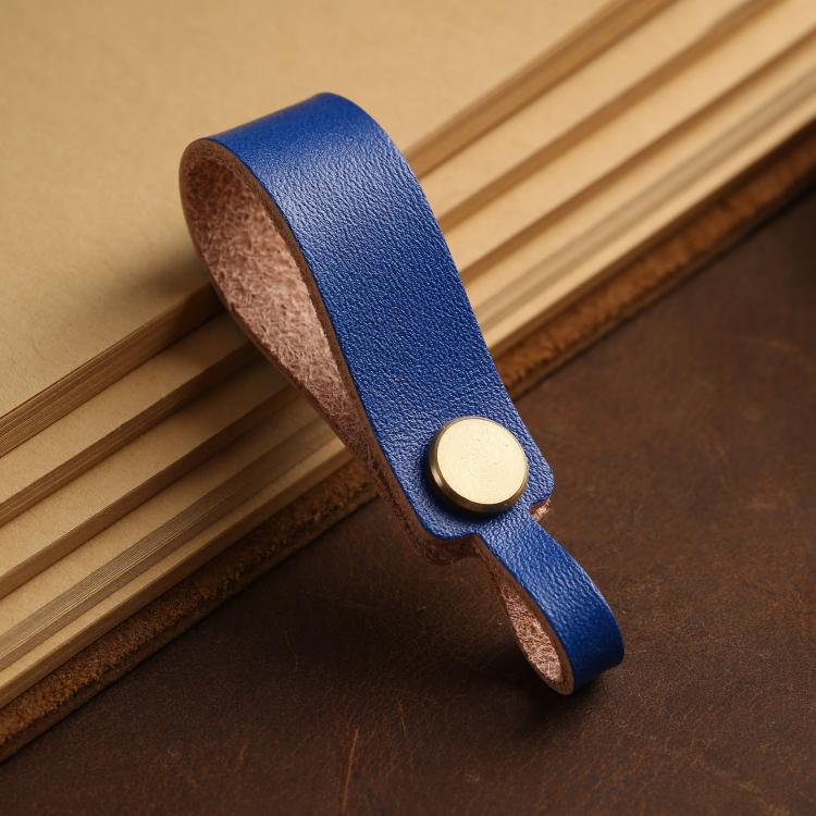 Dark blue leather lanyard keychain with round brass snap and finger-loop end.