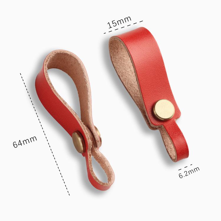 Red leather lanyard keychain with round brass snap and double leather loops.
