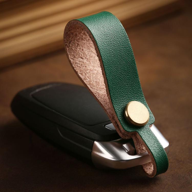 Green leather cowhide lanyard keychain with round metal snap button