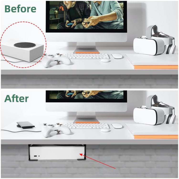 Under-desk storage stand installed beneath desk to support an Xbox console