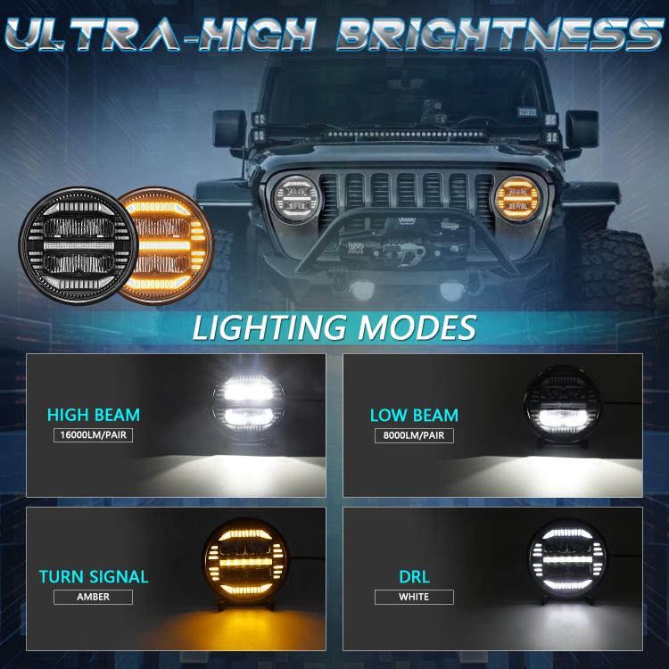 7-inch round LED headlight showing multiple light patterns in white and amber