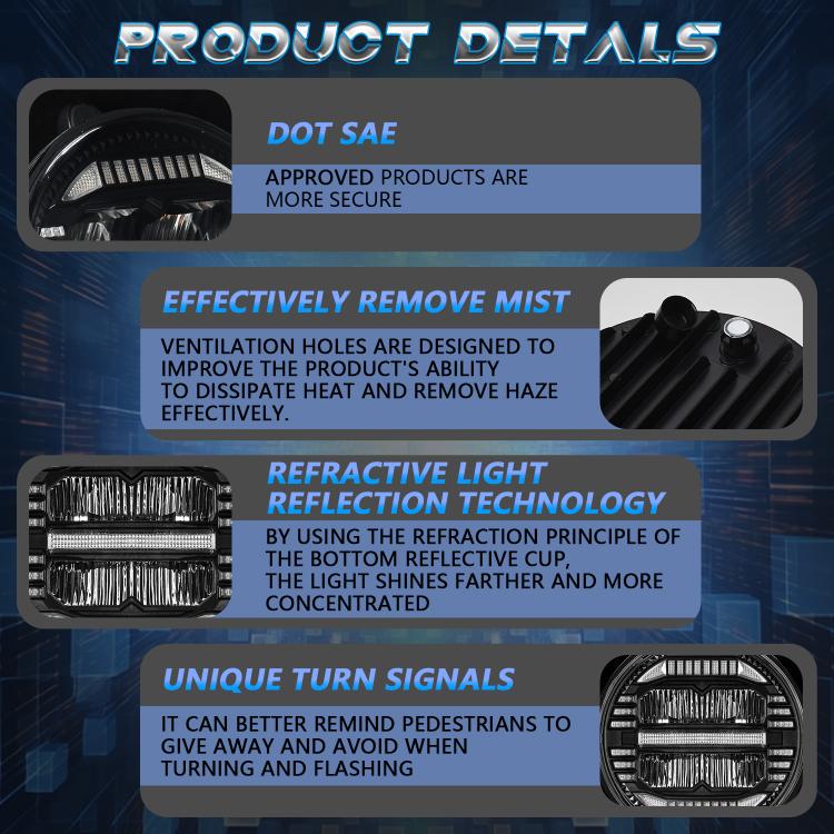 7-inch round LED headlight close-up with vented grille and reflector lens