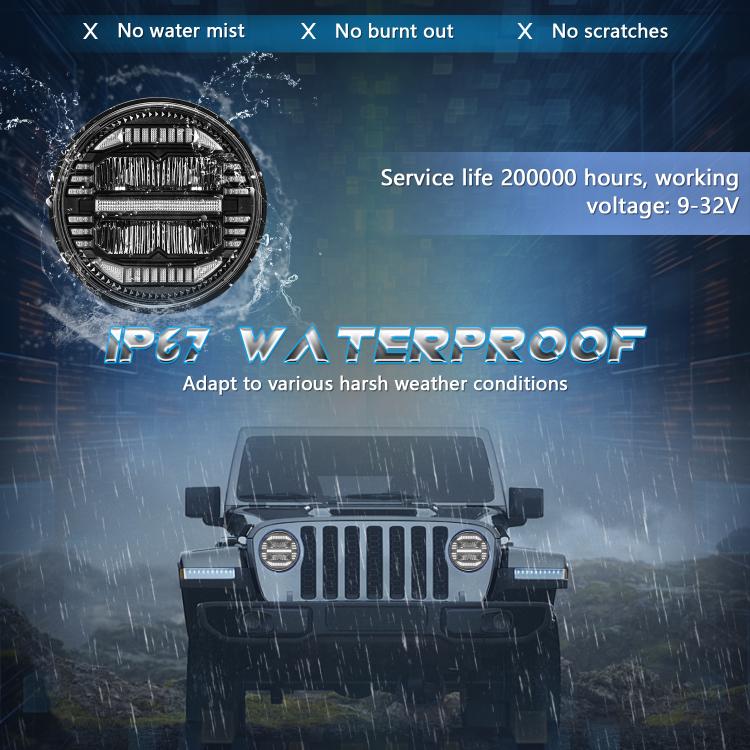 7-inch round LED headlight with grille lens and dark rear housing
