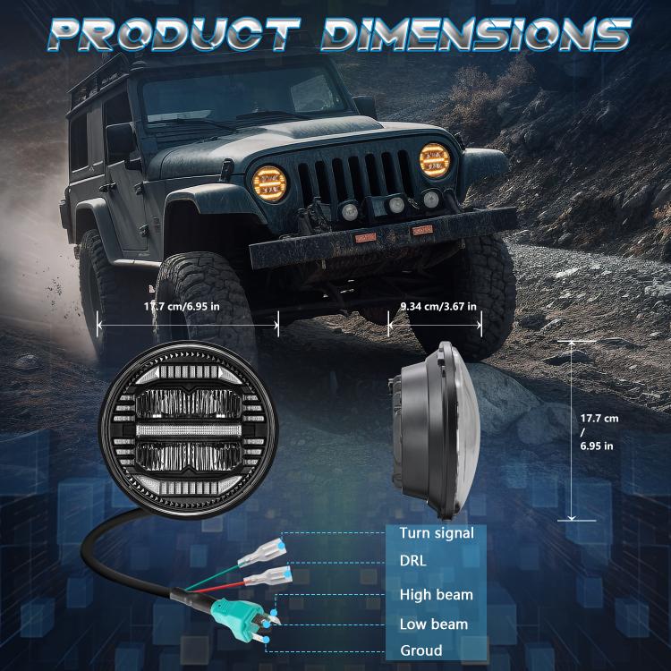 7-inch LED headlight front and side profiles with wiring harness