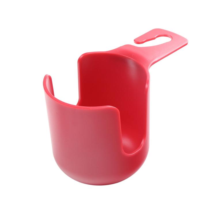 Car seat cup holder with hook, red molded plastic organizer with hanging loop