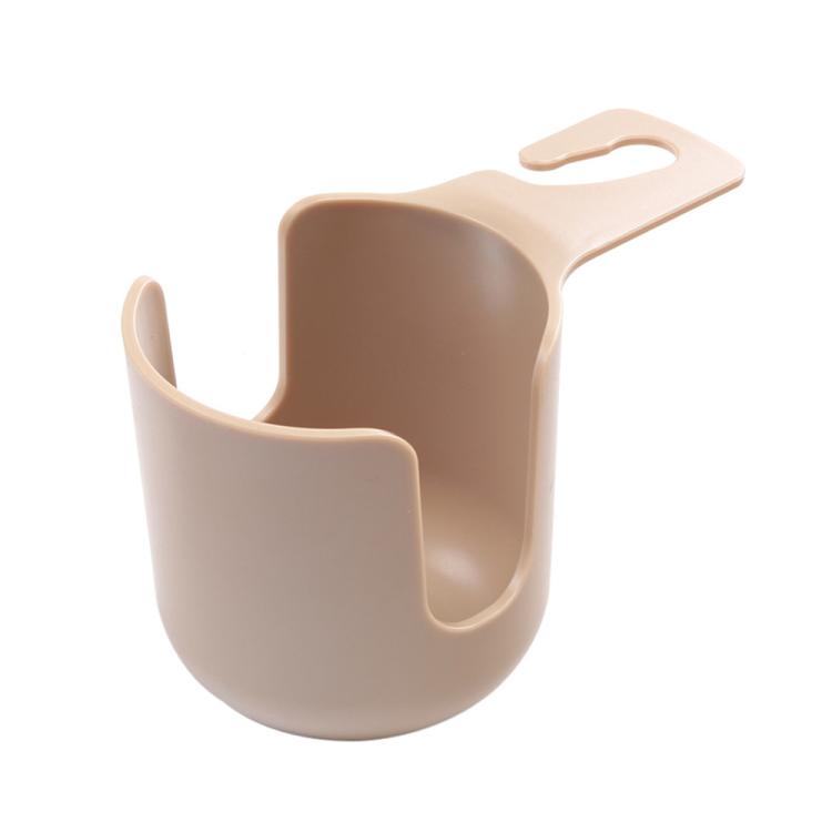 Car seat cup holder with hook, beige molded plastic organizer with hanging loop