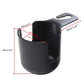 Black car headrest cup holder with hanging loop and side cup opening, size diagram