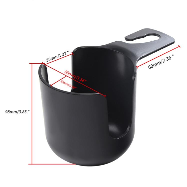 Black car headrest cup holder with hanging loop and side cup opening, size diagram