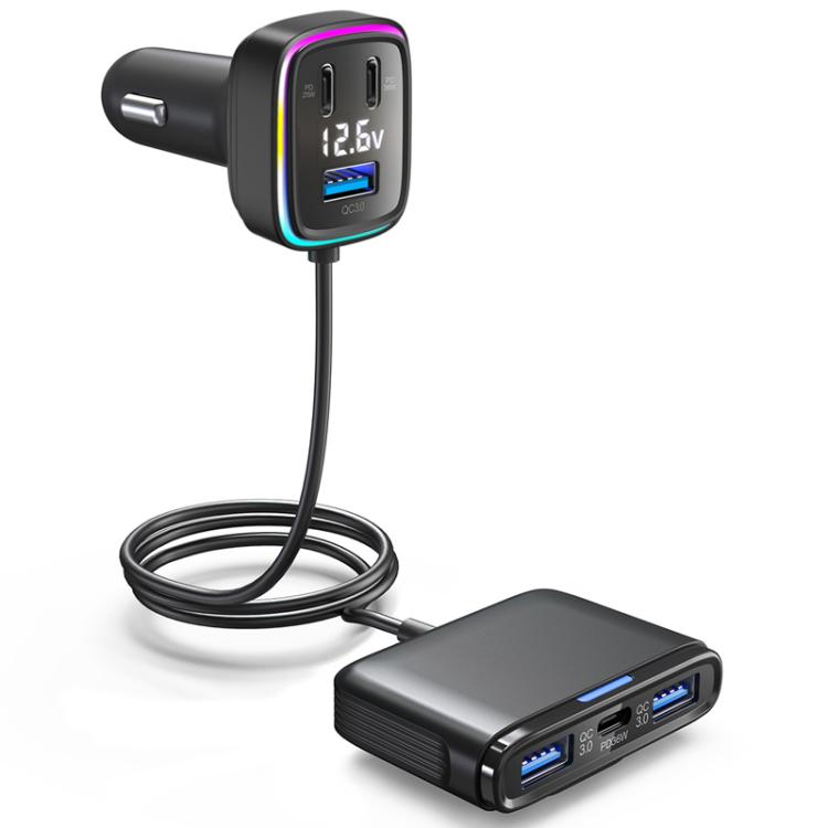 Car quick charger with dual USB ports and multicolor LED ring, black case