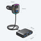 Compact dual-port car charger with glowing LED outline and attached cable, black