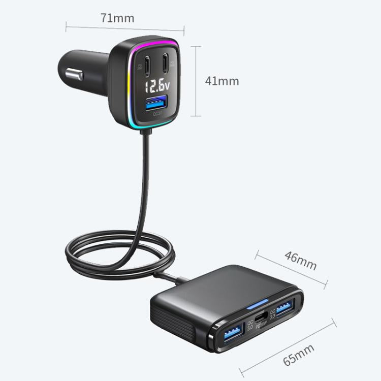 Compact dual-port car charger with glowing LED outline and attached cable, black
