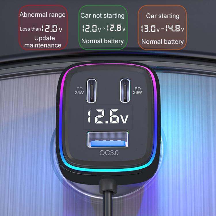 Dual-port car charger with LED ring and digital voltage display, black