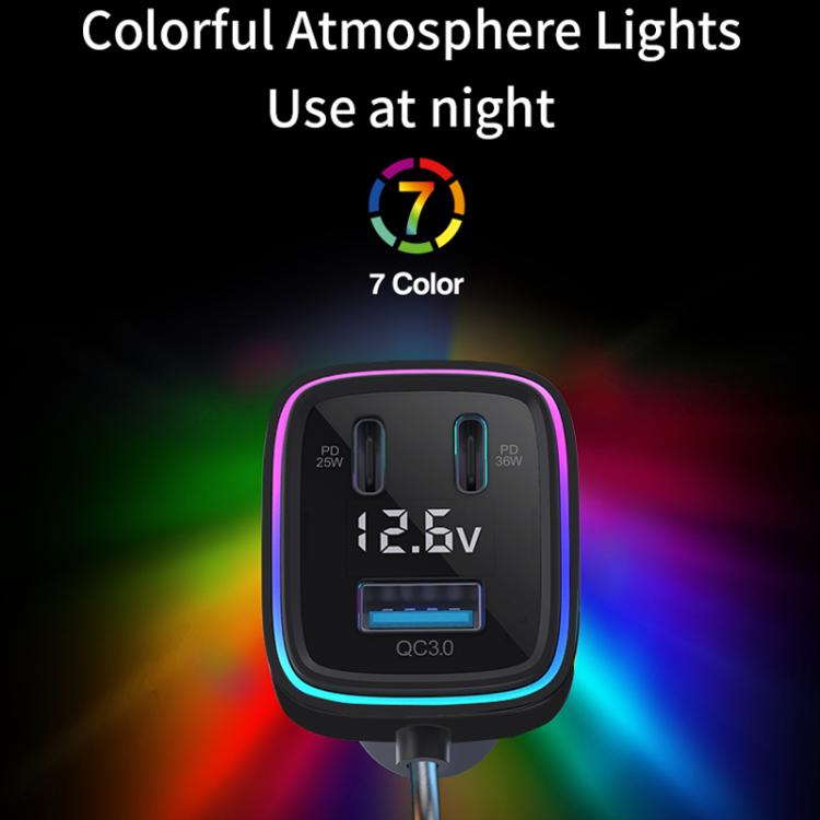 Car charger with glowing multicolor light effects around dual USB ports, black