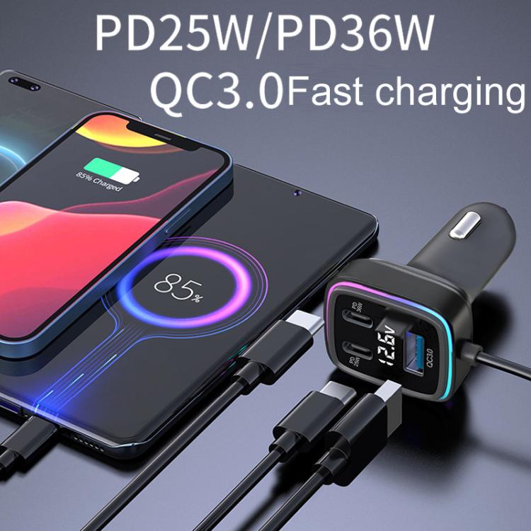 Black car charger with dual PD/QC ports and multiple connected cables