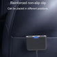 Car charger with non-slip clip attached to dark leather seat, blue indicator light