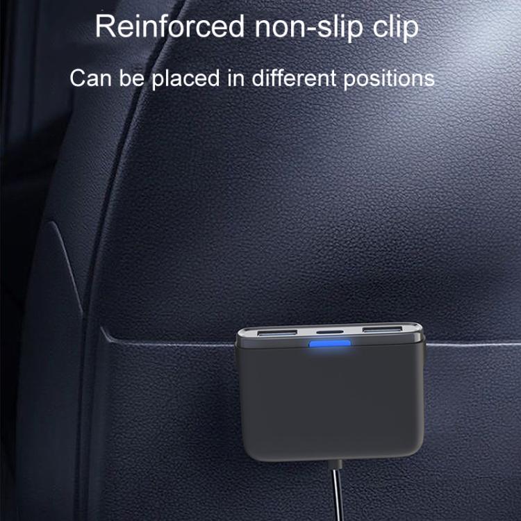 Car charger with non-slip clip attached to dark leather seat, blue indicator light
