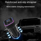 Car charger mounted on dashboard area with glowing blue LED charging light