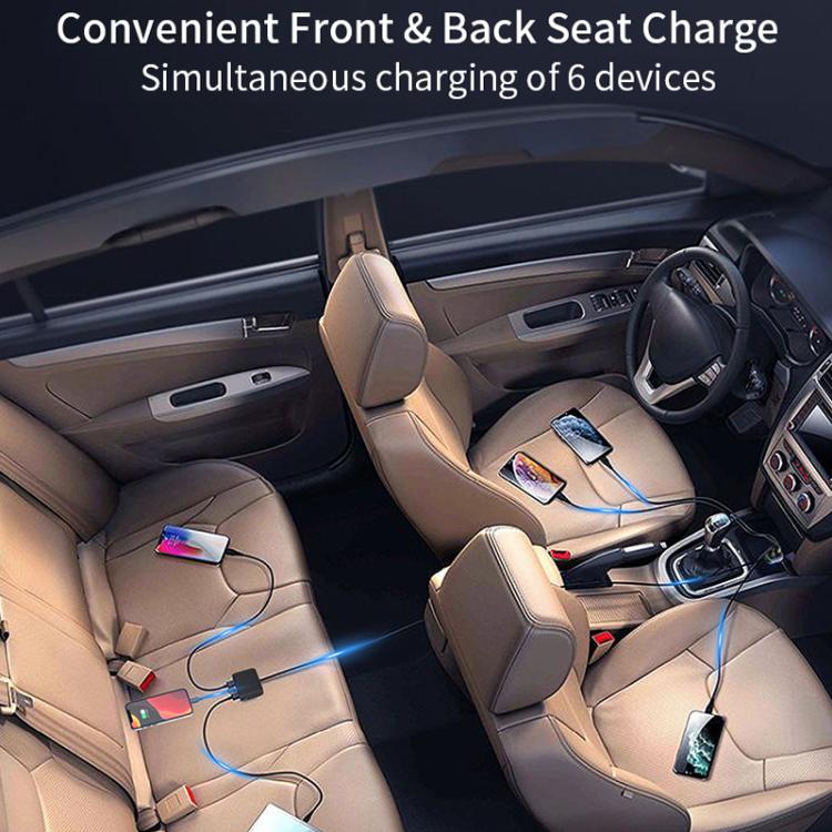 Car interior with front-seat devices charging from dual USB car charger cables