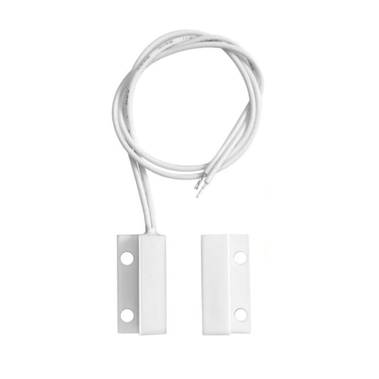 Magnetic door sensor switch with two white contacts and attached wire leads