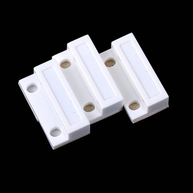Two-piece white magnetic door sensor contact blocks with screw holes