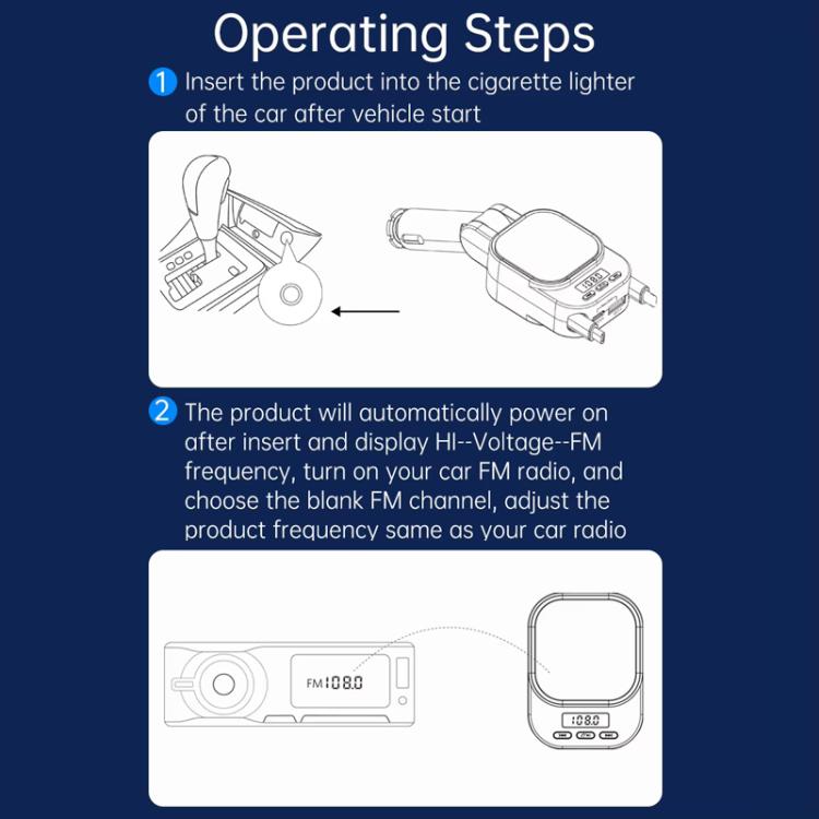 Bluetooth hands-free car charger cigarette-lighter adapter shown in operating steps
