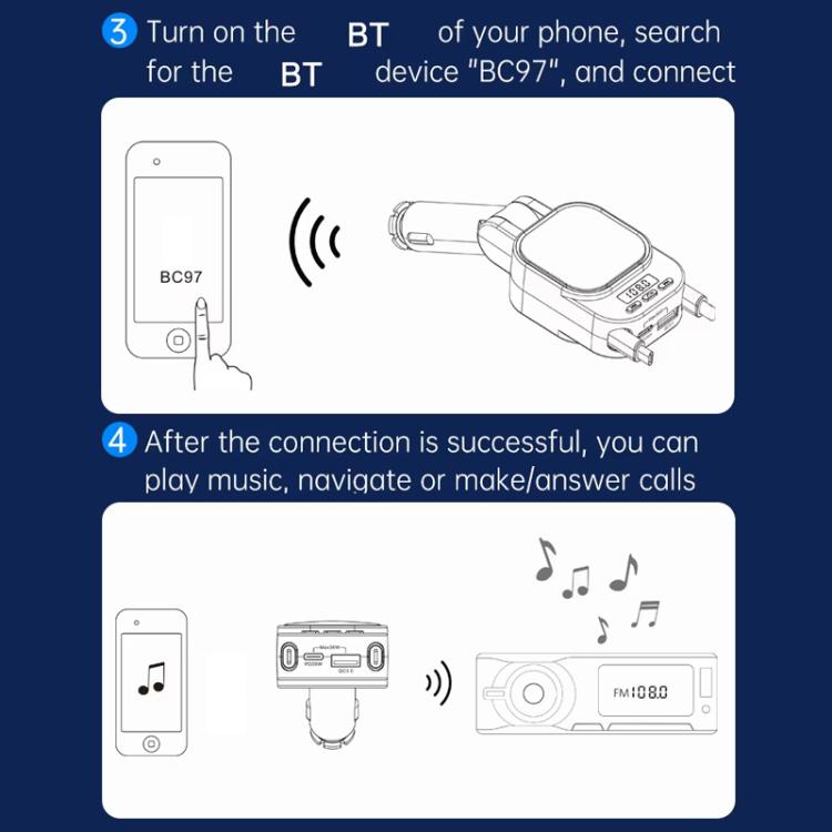 Bluetooth hands-free car charger (BC97) diagram with phone connection instructions