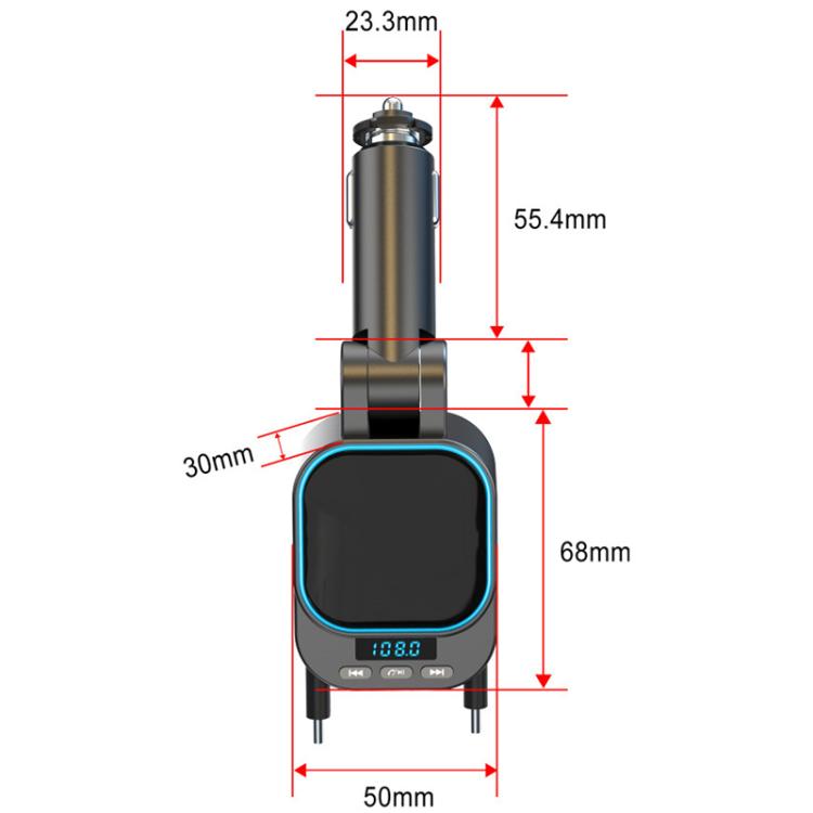 Retractable car Bluetooth MP3 charger with dimensions shown in a diagram