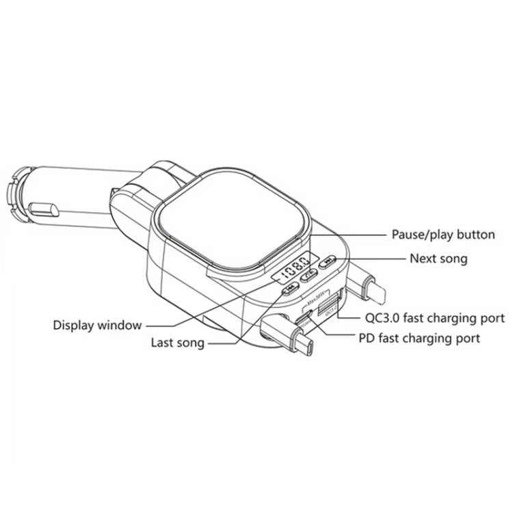 Retractable car charger diagram showing buttons, display window, and charging ports