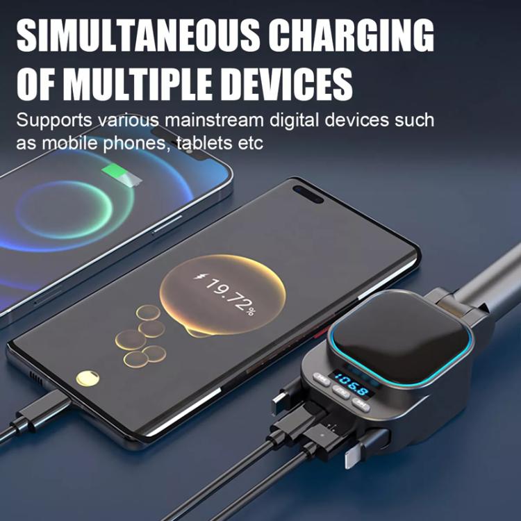 Retractable car charger supporting simultaneous charging with LED display and cables