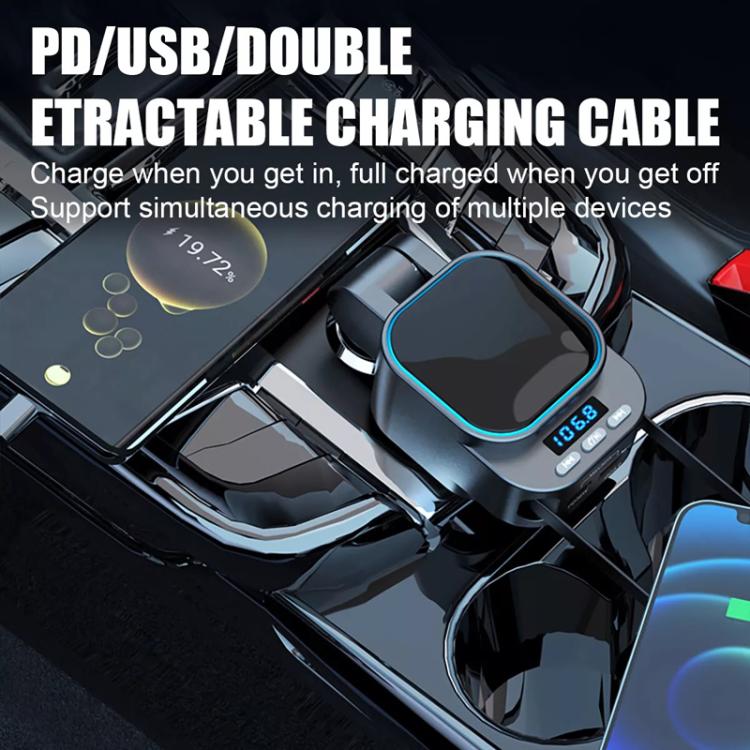 Dual retractable car charger with PD/USB output and LED display on dash mount