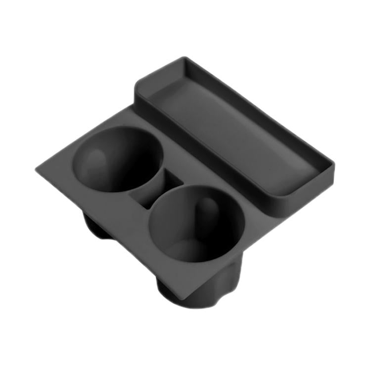 Black silicone dual cup holder and side storage tray insert for car armrest area