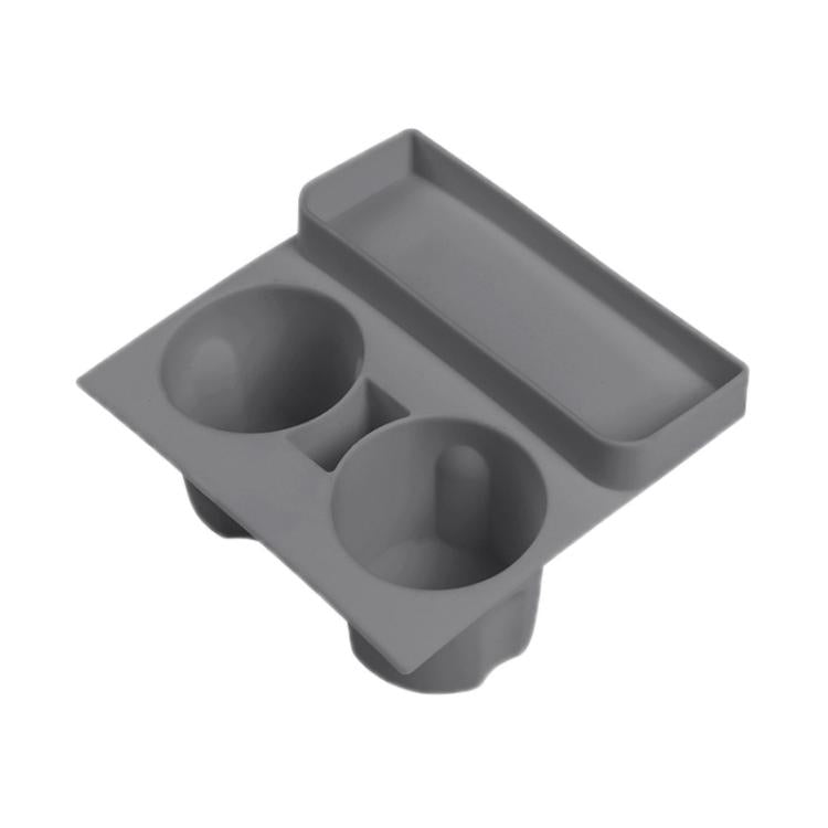 Gray silicone dual cup holder and side storage tray insert for car armrest area