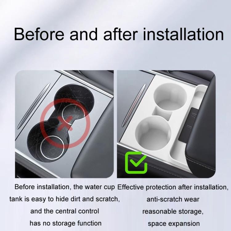 White silicone dual cup holder insert showing before-and-after installation view