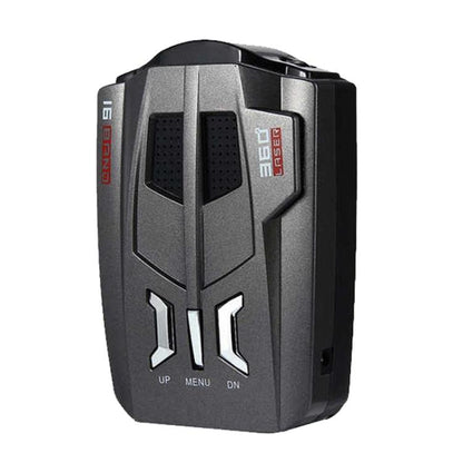 Car radar speed detector, gray body with speaker grille and UP/MENU/DN buttons
