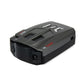 Car radar speed detector with front speaker grille and two round lens ports, black case