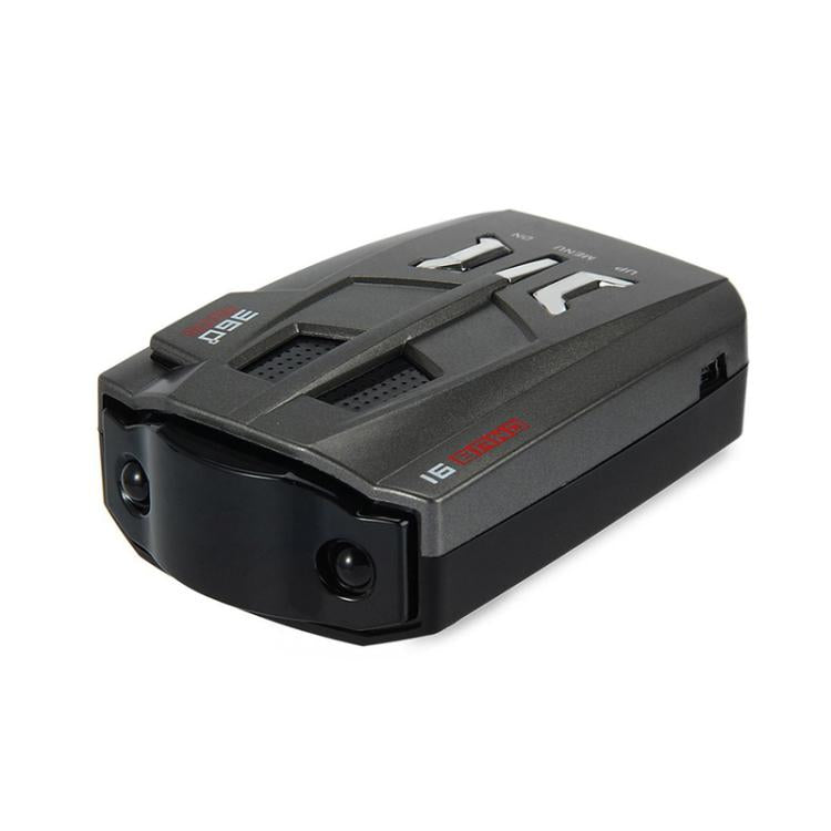 Car radar speed detector with front speaker grille and two round lens ports, black case
