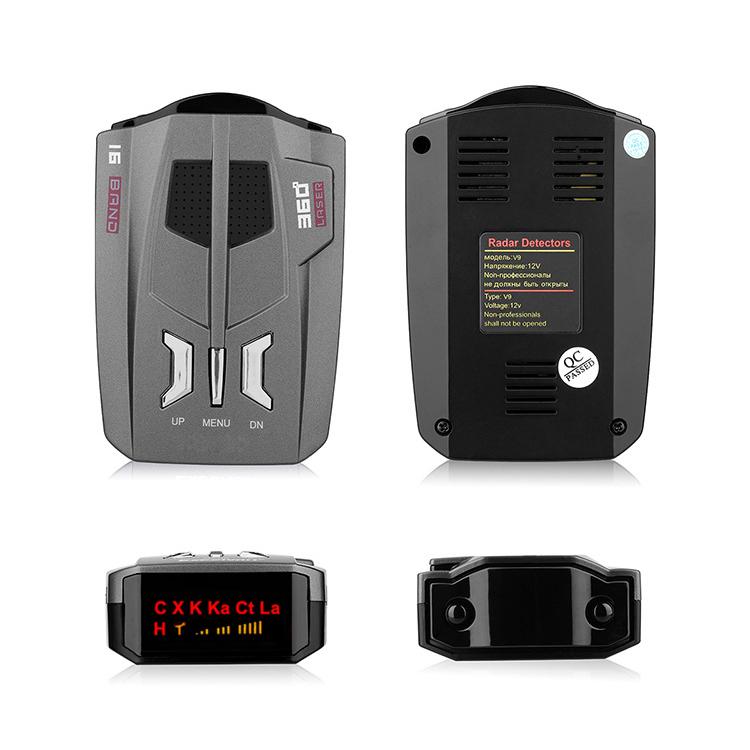 Car radar speed detector shown front and back views, gray/black housing