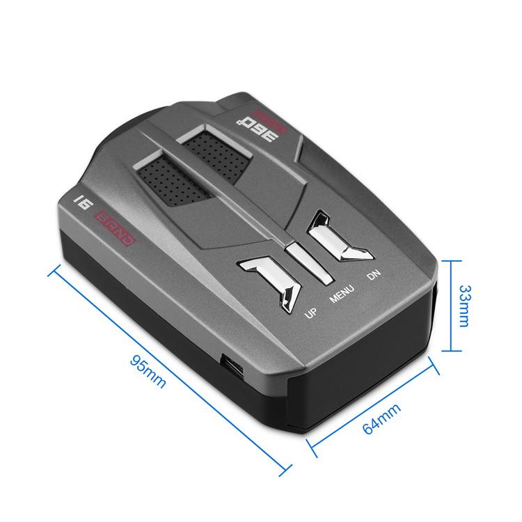 Car radar speed detector with dimensions overlay, gray top and black bottom