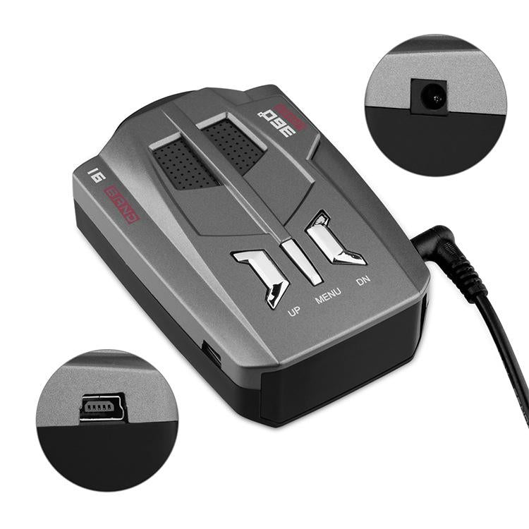 Car radar speed detector with charging cable and mounting mat, gray and black device