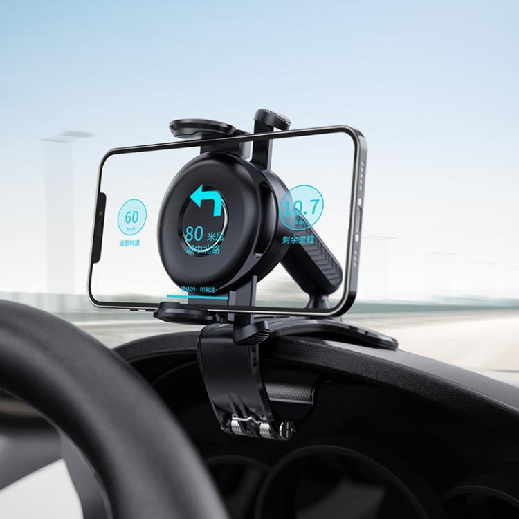 Car dashboard phone mount holding a smartphone on a flexible swivel arm