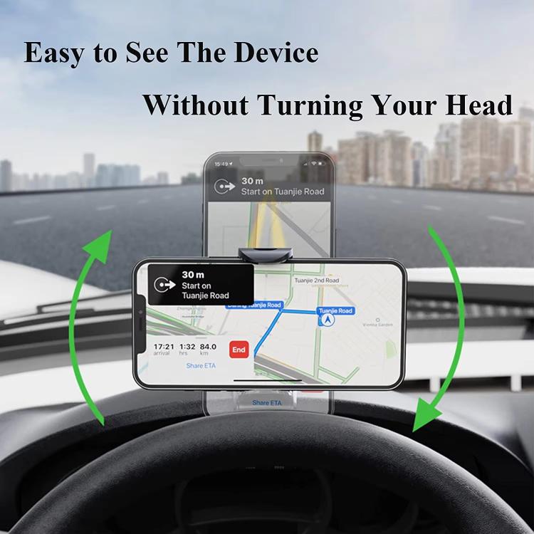 Car phone mount with centered arm holding a smartphone at eye level
