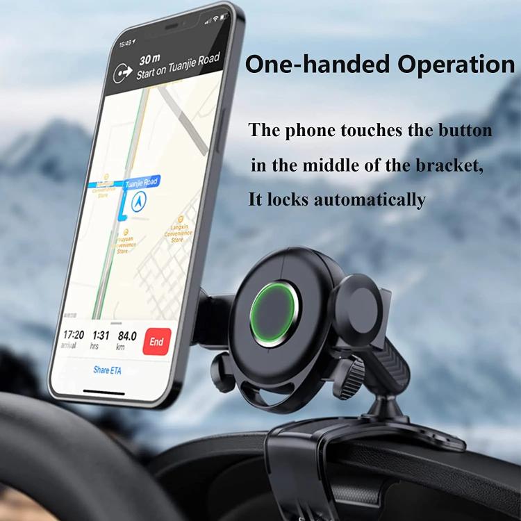 Car dashboard phone mount with one-handed locking clamp and round swivel joint
