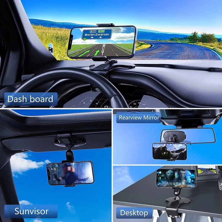 Car phone mount kit showing dashboard and sun visor placement options